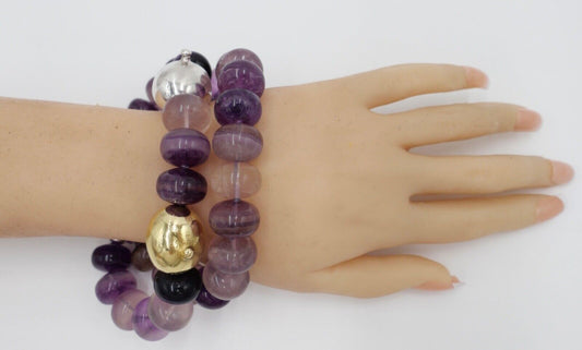 Amethyst Armband 925 Silber & 750 Gold Elementen LANGER Magnet Verschluss