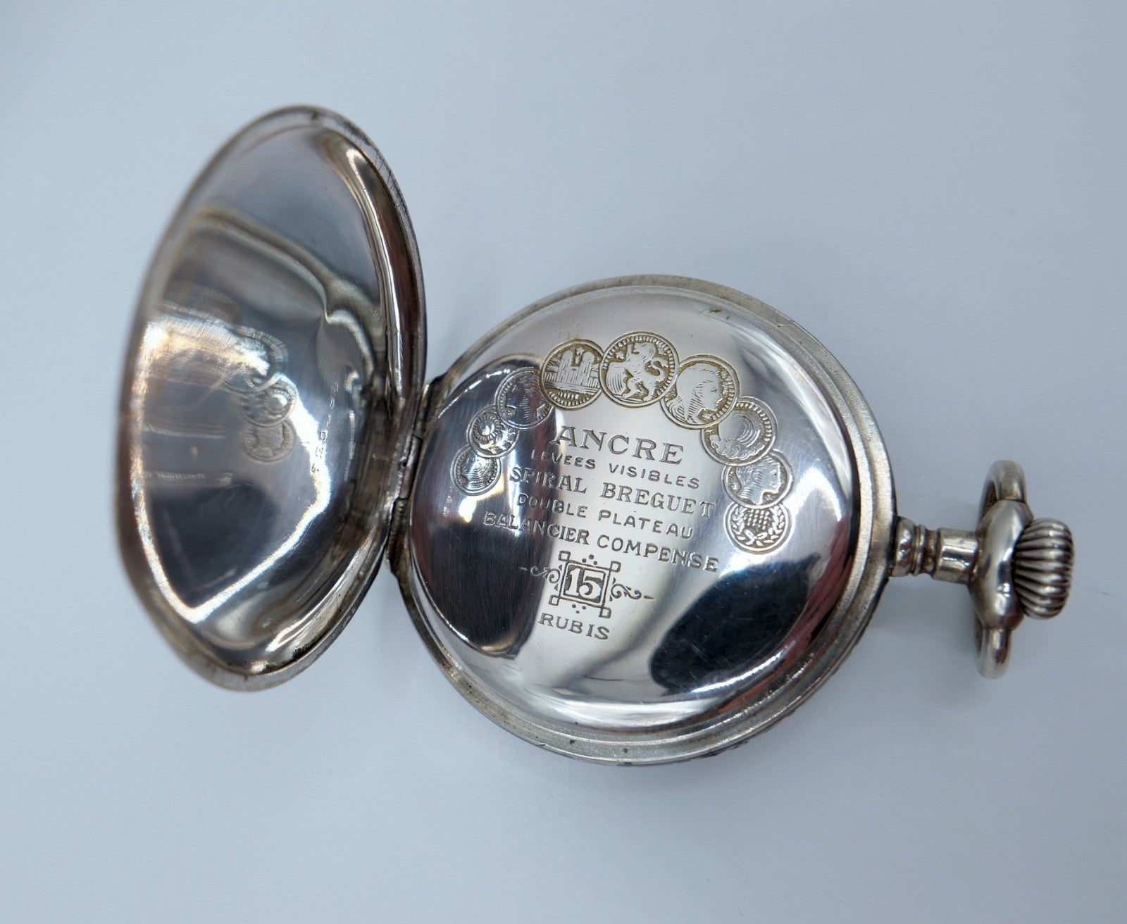 Antike Taschenuhr Emaille 50mm open face 800 Silber damasziniert Monogramm FS