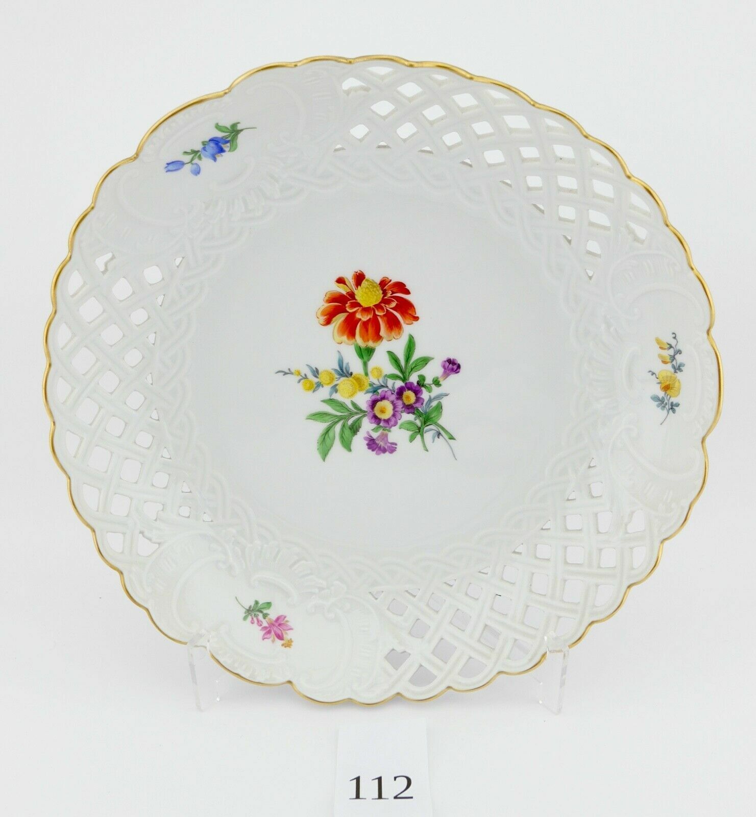 Meissen Durchbruchschale Weiß Goldrand Ø 25 cm Blumendekor 332 46a / 206