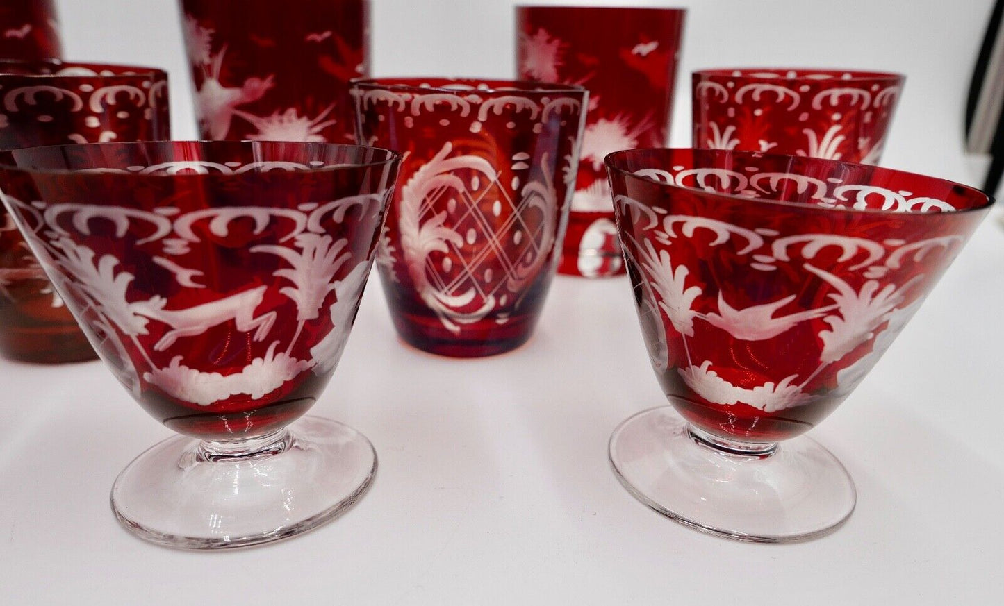 11x Jugendstil Gläser rubinrot Becher Glas EGERMANN  Tierwelt um 1900