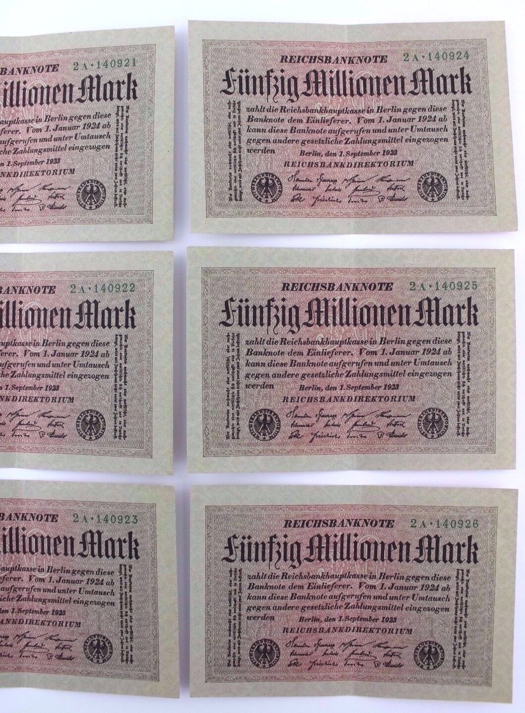 6x Ro. 108a Banknote 50 Millionen Mark Fortlaufend NR fast KFR 1923 TOP old Bill