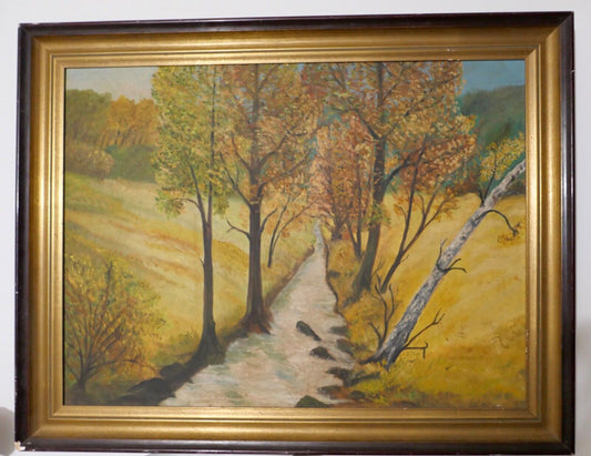 Ölgemälde 91x71 cm signiert Landschaft BACH BÄUME FELD 1976 