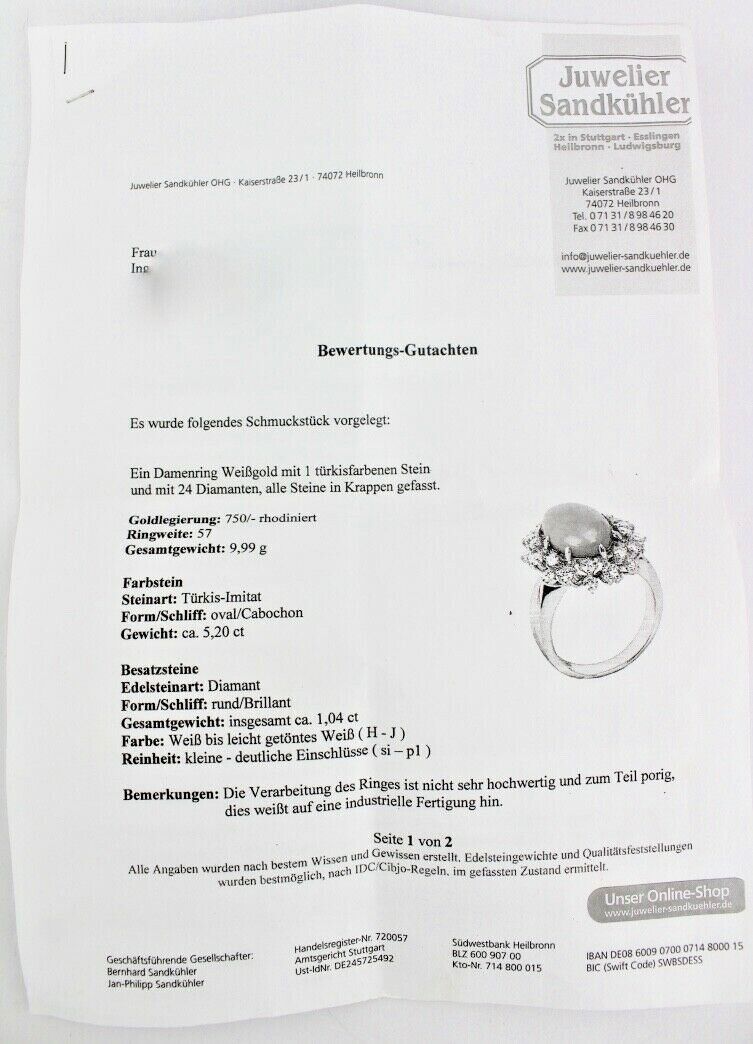 Cocktailring Weiß Gold Türkis & Brillant 750 18K Gr. 57 6,24 Ct Expertise 2350 €