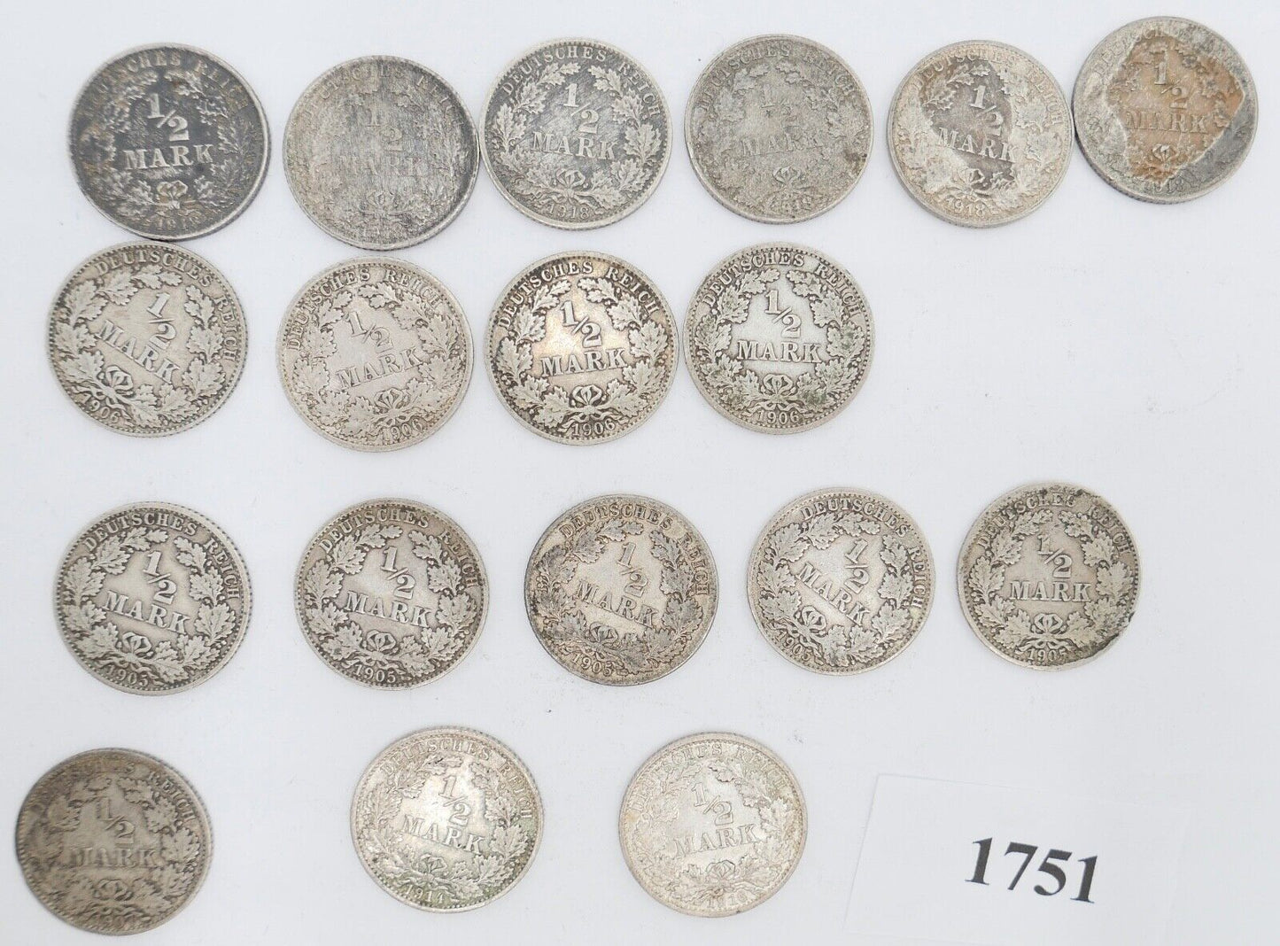 18x 1/2 Mark Jäger 16 / J.16 Silber 1905-1918 ss-stg sehr schön - Stempelglanz