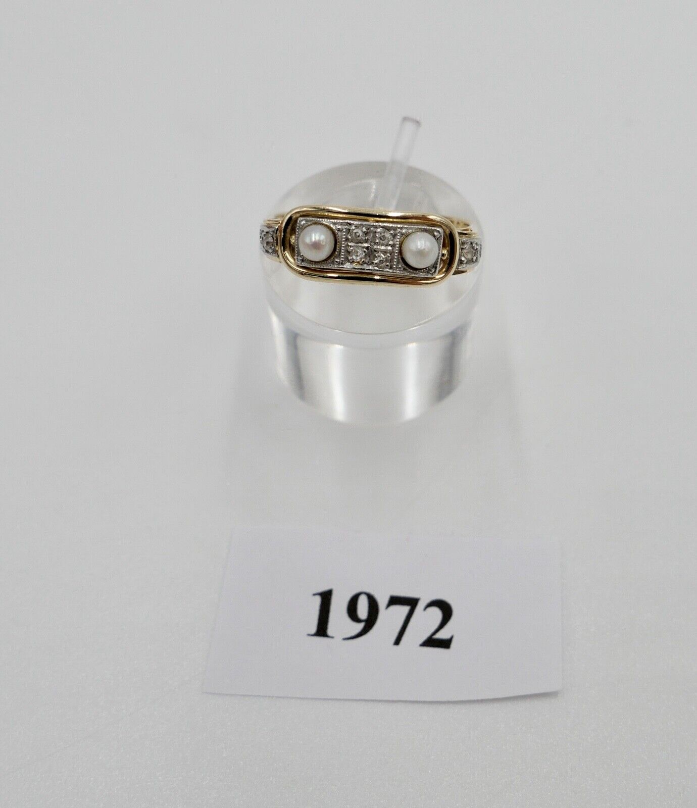 30er Jahre Art Deco Ring Gold 585 / 14K Gr. 60 mit Diamantenrosen & Perlen