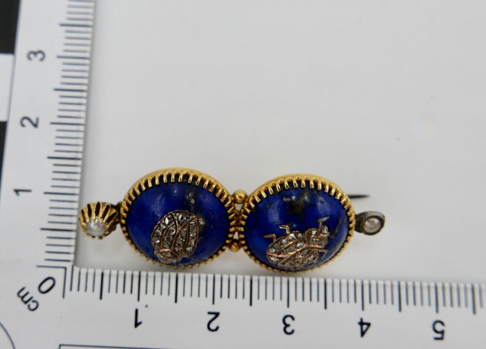 Antike 750 18K Gold Brosche Anstecknadel Perlen Diamanten Lapis Käfer 19. JH