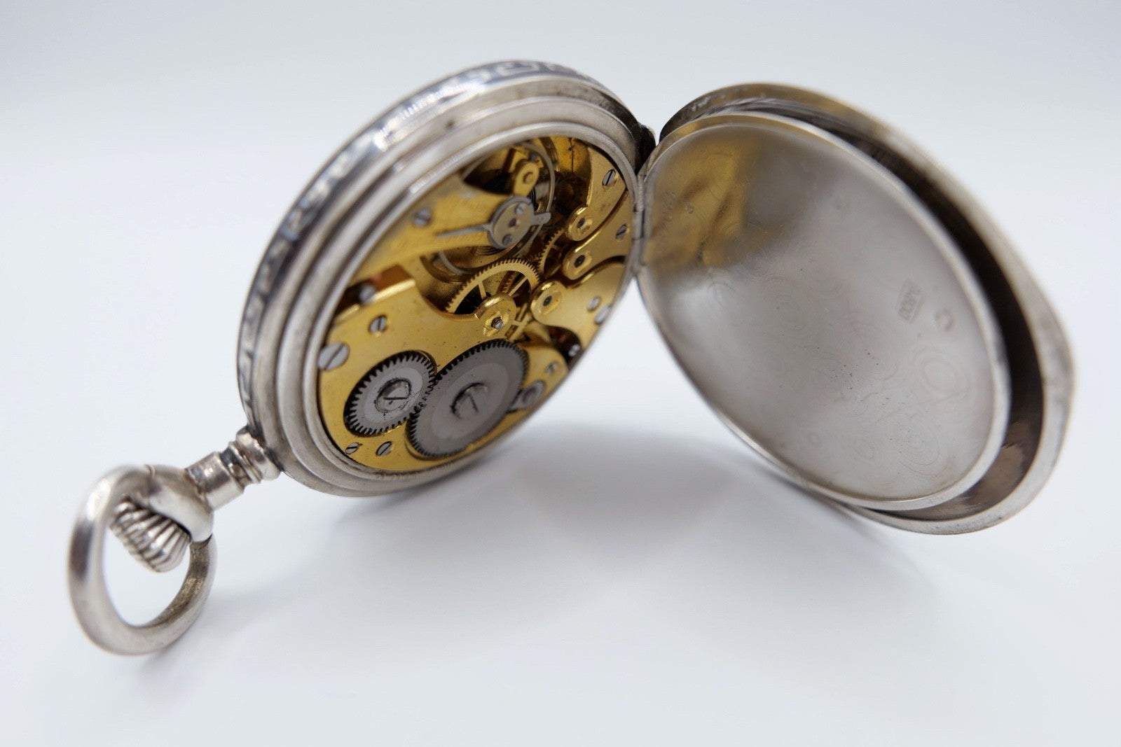 Antike Taschenuhr Emaille 50mm open face 800 Silber damasziniert Monogramm FS