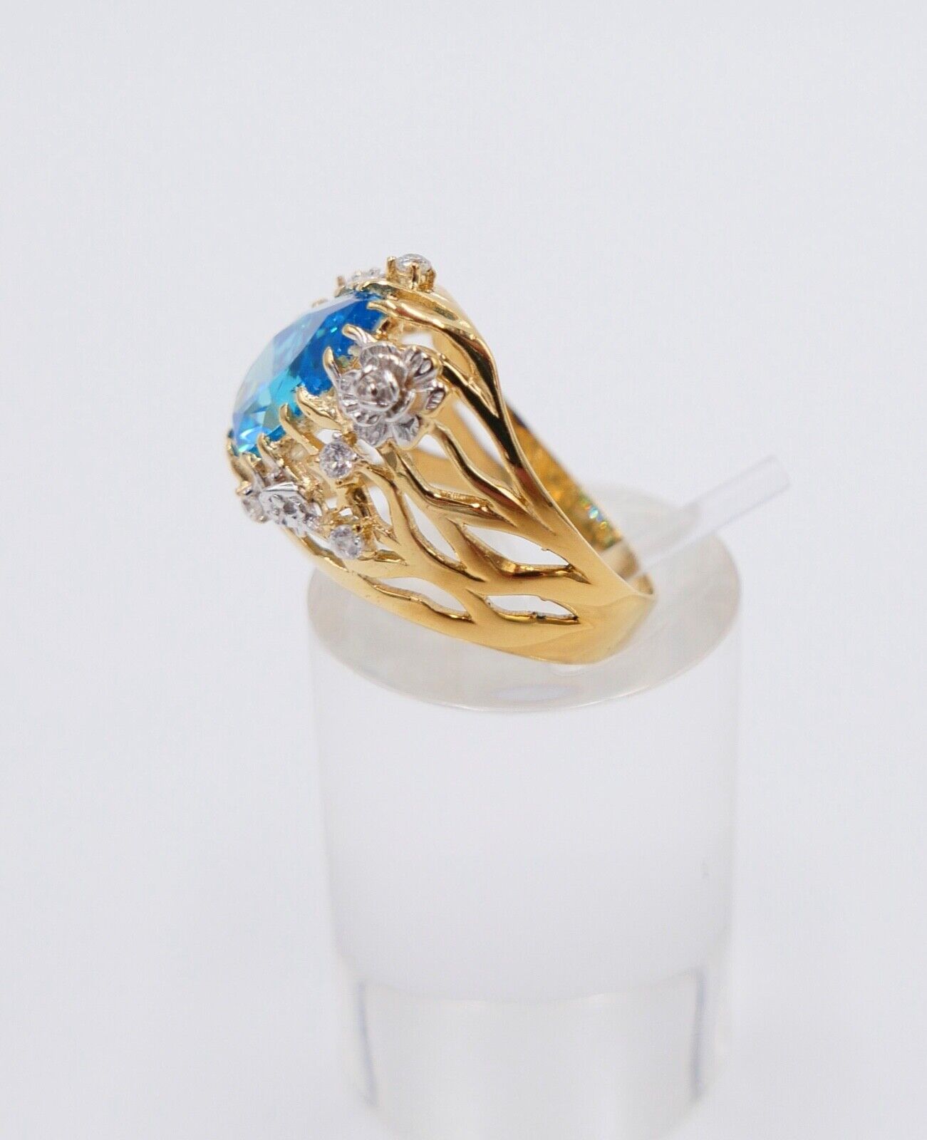 Gelbgold Ring mit Blautopas & Zirkonia 585 14K Gr. 55 im Tropfen Schliff  5,0 Ct