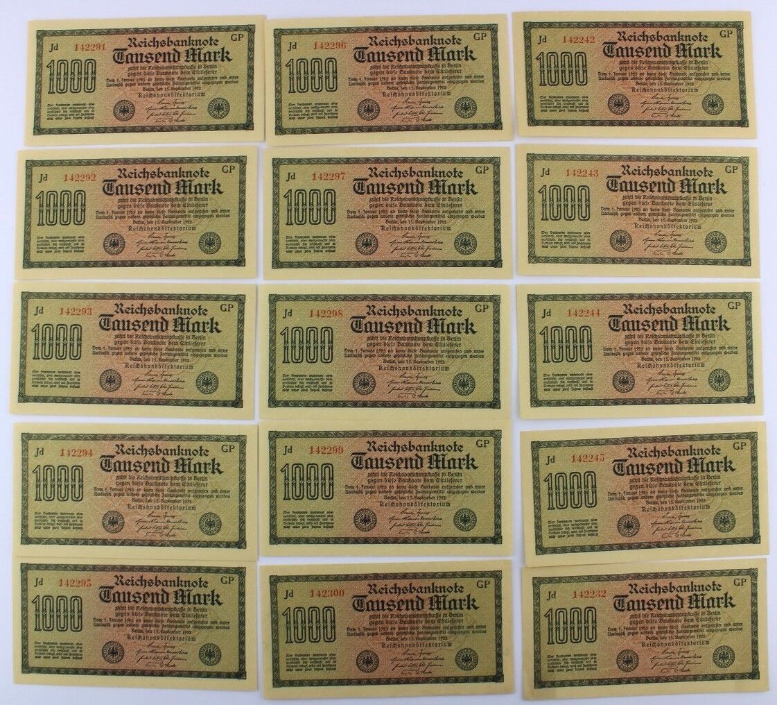 15x Ro. 75d Banknote 1000 Mark 1922 TOP Kassenfrisch fortlaufende Nr old Bill