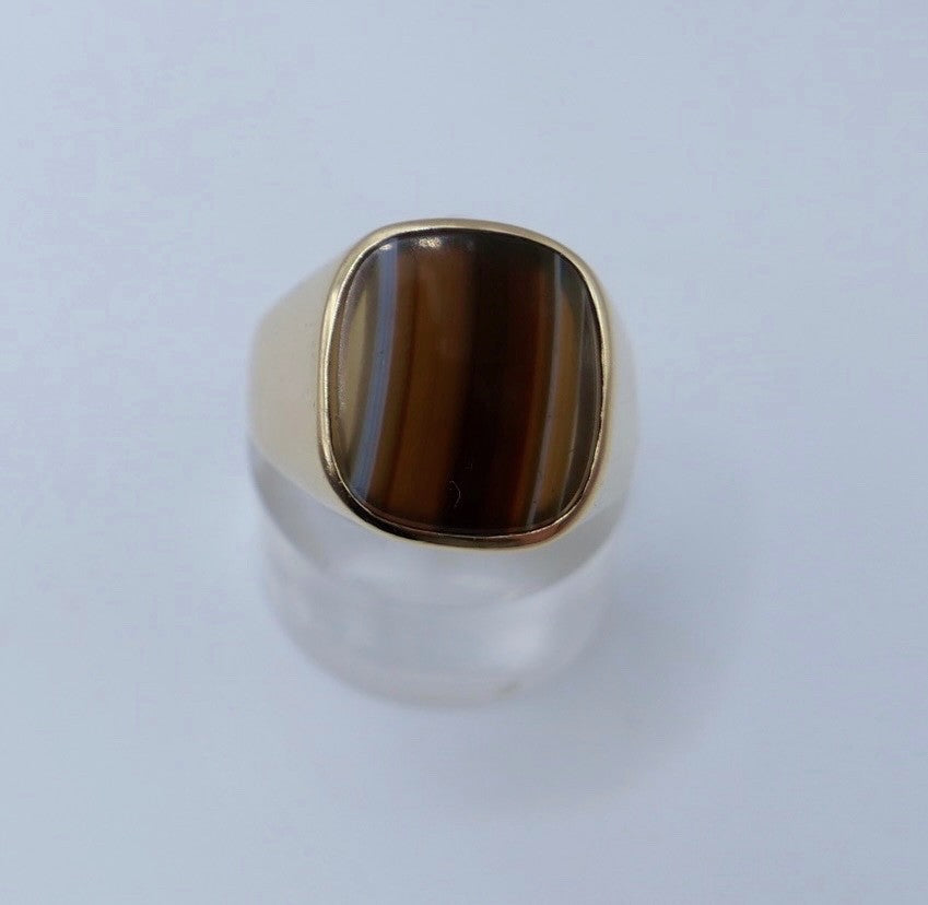 1980er Herren Goldring 750er Gelbgold mit Lagenachat Siegelring 18K Gr. 64 / 65
