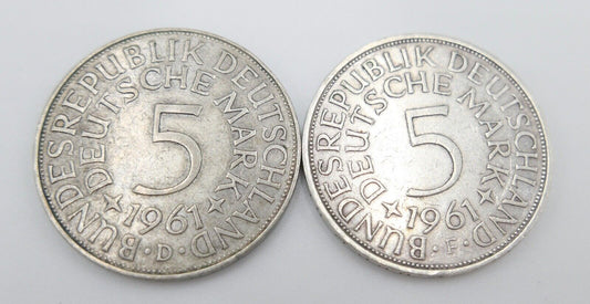 2x 5 DM 1961 J.387 Silbermünzen Silberadler Heiermann D F 