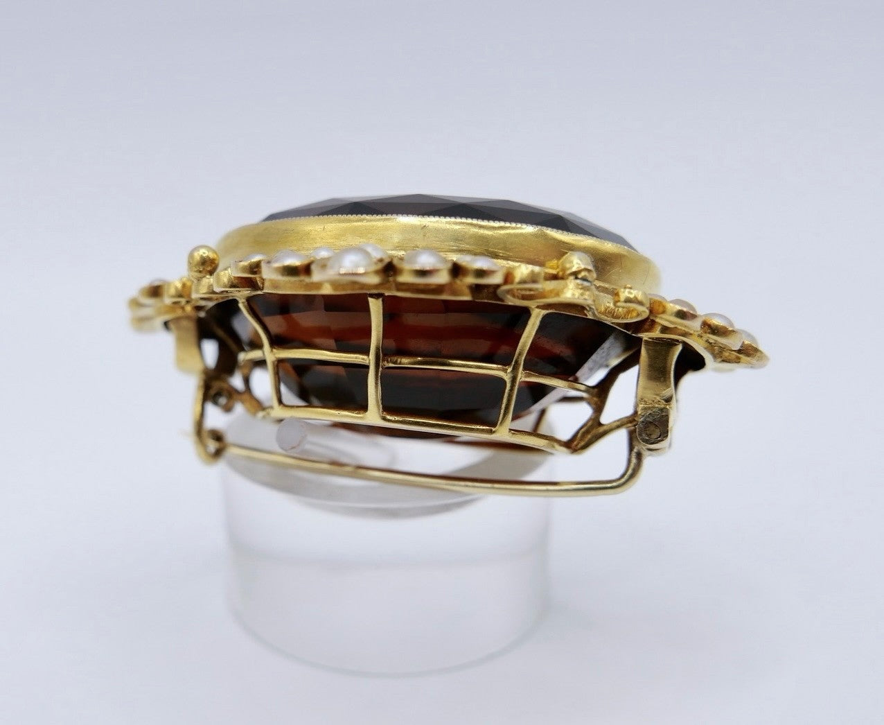 Große antike Brosche Gelbgold 585 14K Rauchquarz Saatperlen viktorianisch 40 ct