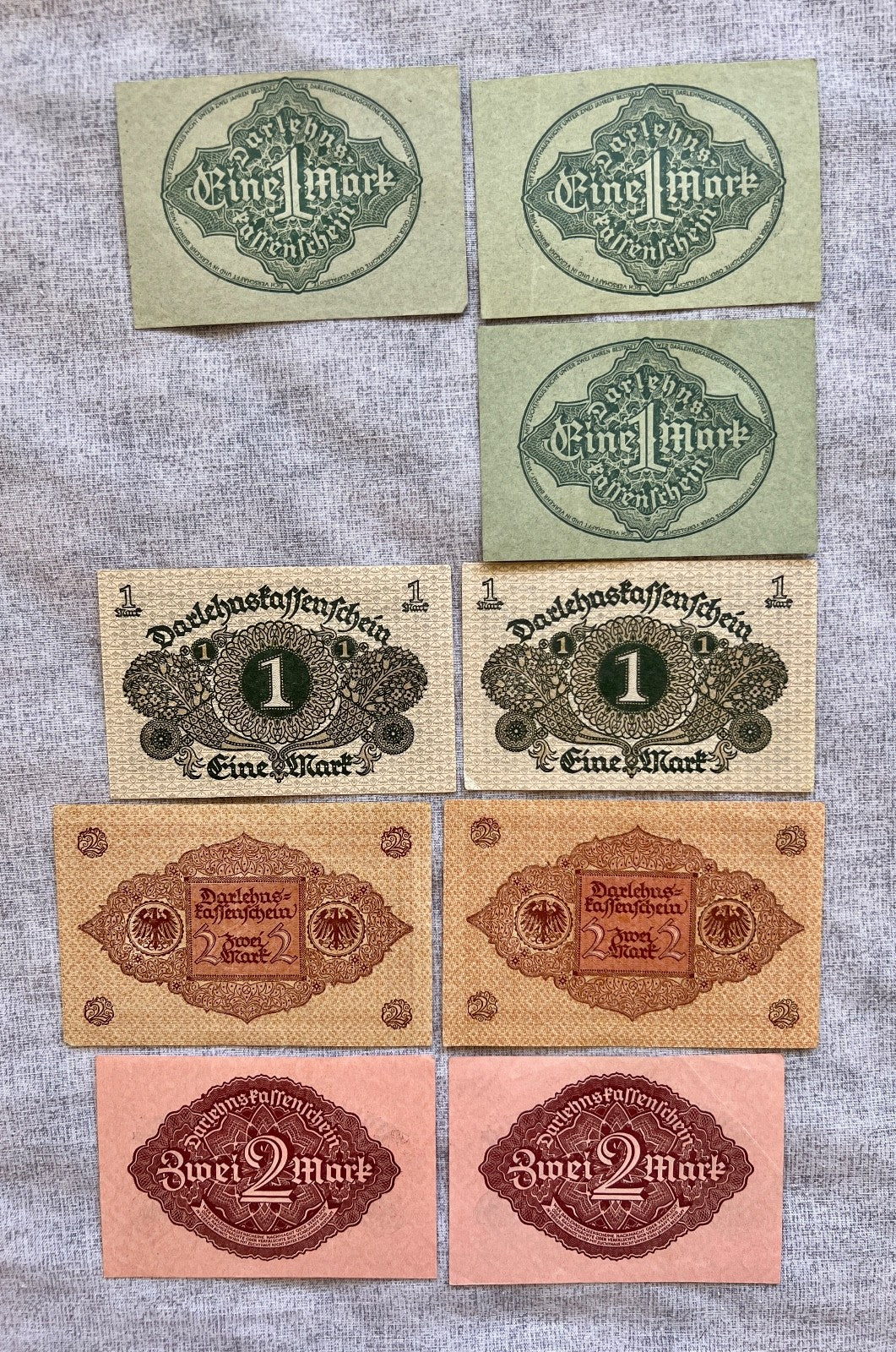 9x  1  & 2 Mark Darlehnskassenschein Banknote 1920 & 1922 UNC Ro. 73 74 64 65