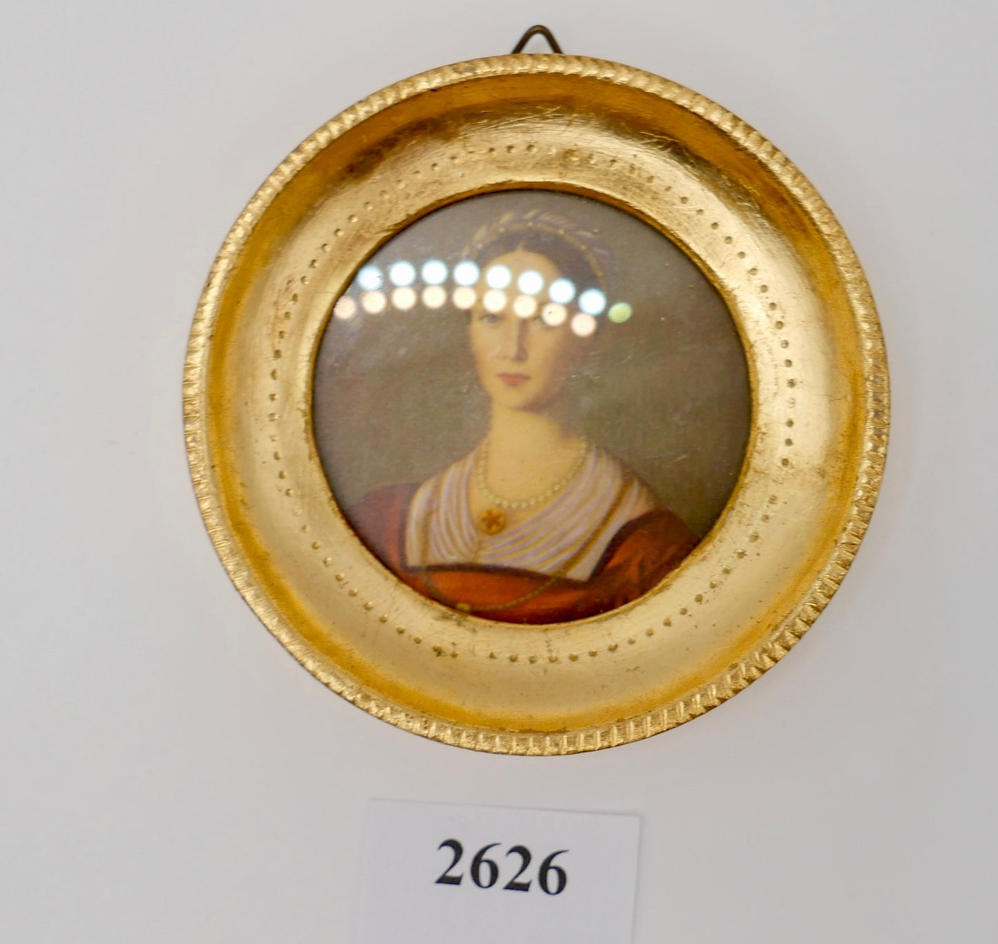 altes Miniatur Damen Portrait vergoldeter Holz Rahmen Florentiner Art Ø 7,5 cm