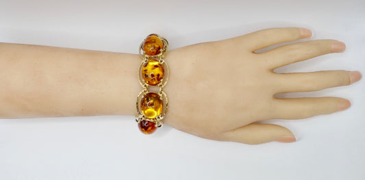 Vintage 835 Silber Armband Gelbgold-Optik mit Bernstein Besatz 19,5 cm