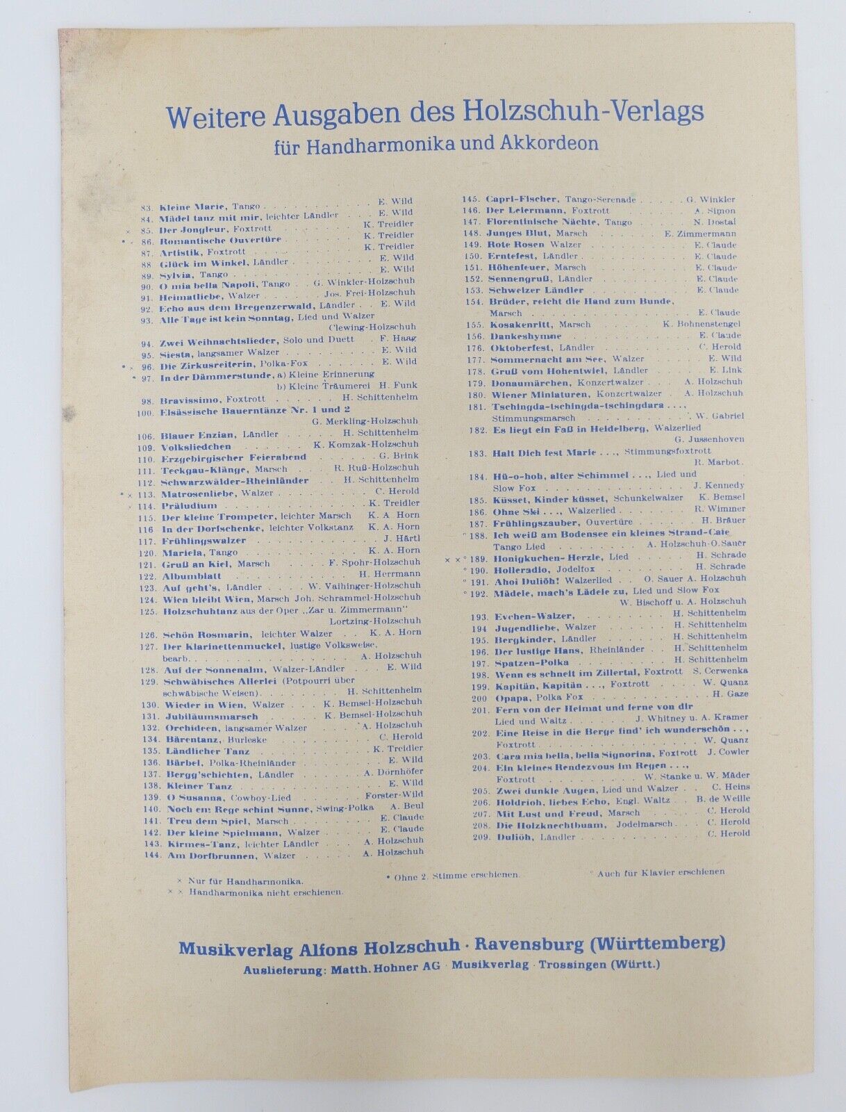 Alte Notenhefte Musikverlag Alfons Holzschuh Ravensburg & Hans Sikorski Hamburg