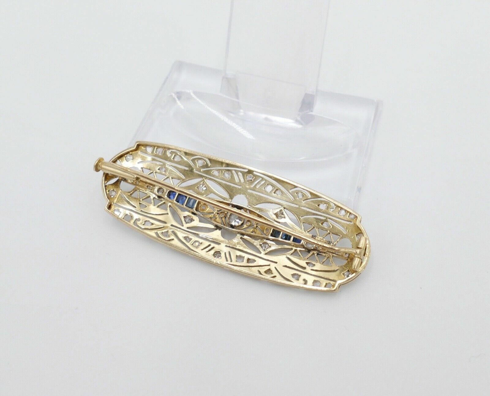 Art Deco 20er Brosche Gold Platin mit 6 Saphiren 55 Diamanten 1,8 Ct 750 18K