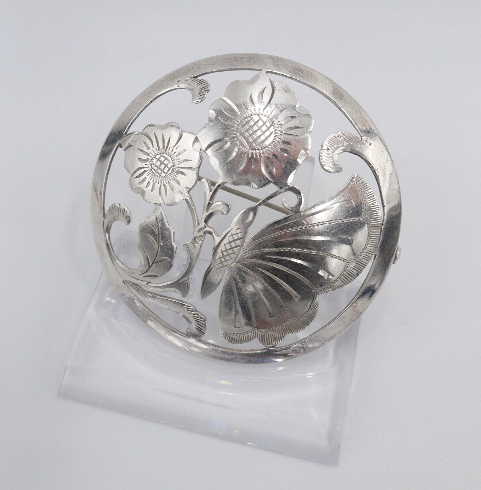 20er J. große floral Brosche KF Friedrich Knödler Schw. Gmünd 835 Silber Ø54 mm