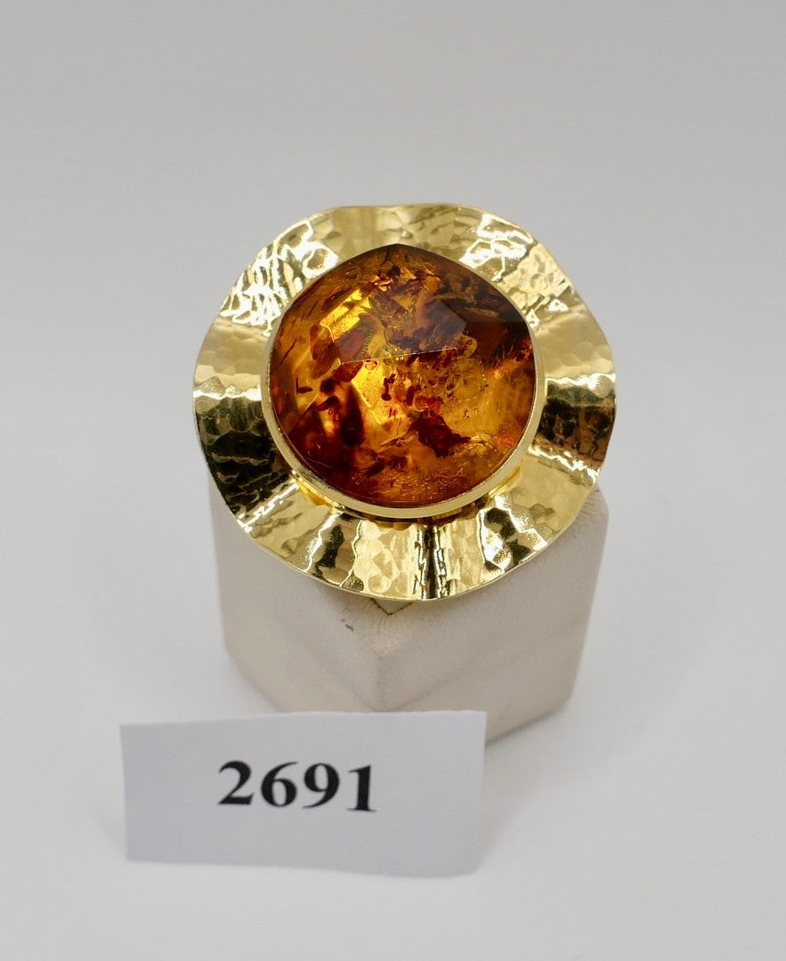 SBM Vintage 925 Silber  Brosche facettiertem Bernstein gehämmert vergoldet 70er