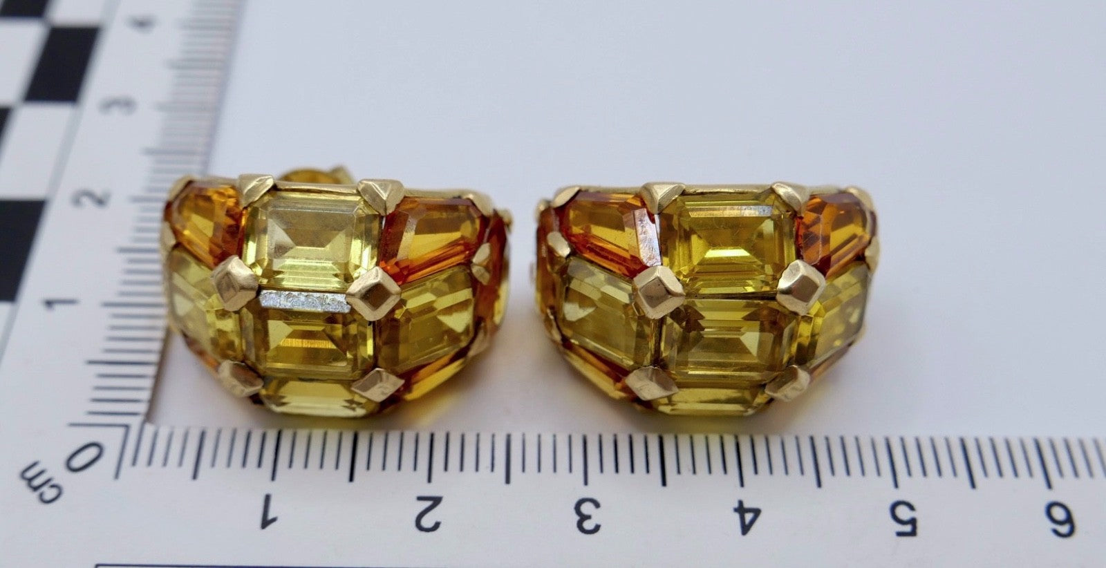 Massive 18k 750 Gold Creolen mit Citrin Ohrringe Gelbgold 1980er