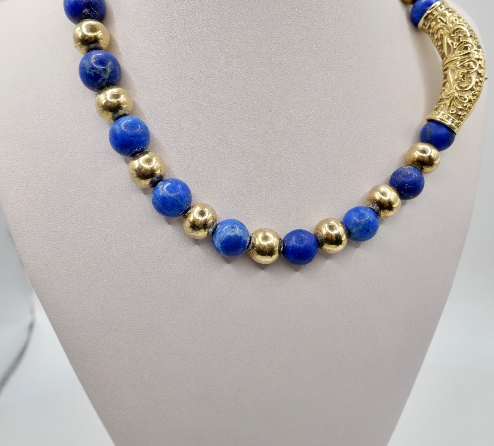 70er Jahre Lapislazuli Lapis Perlen Kugel Kette Collier 925 Silber vergoldet