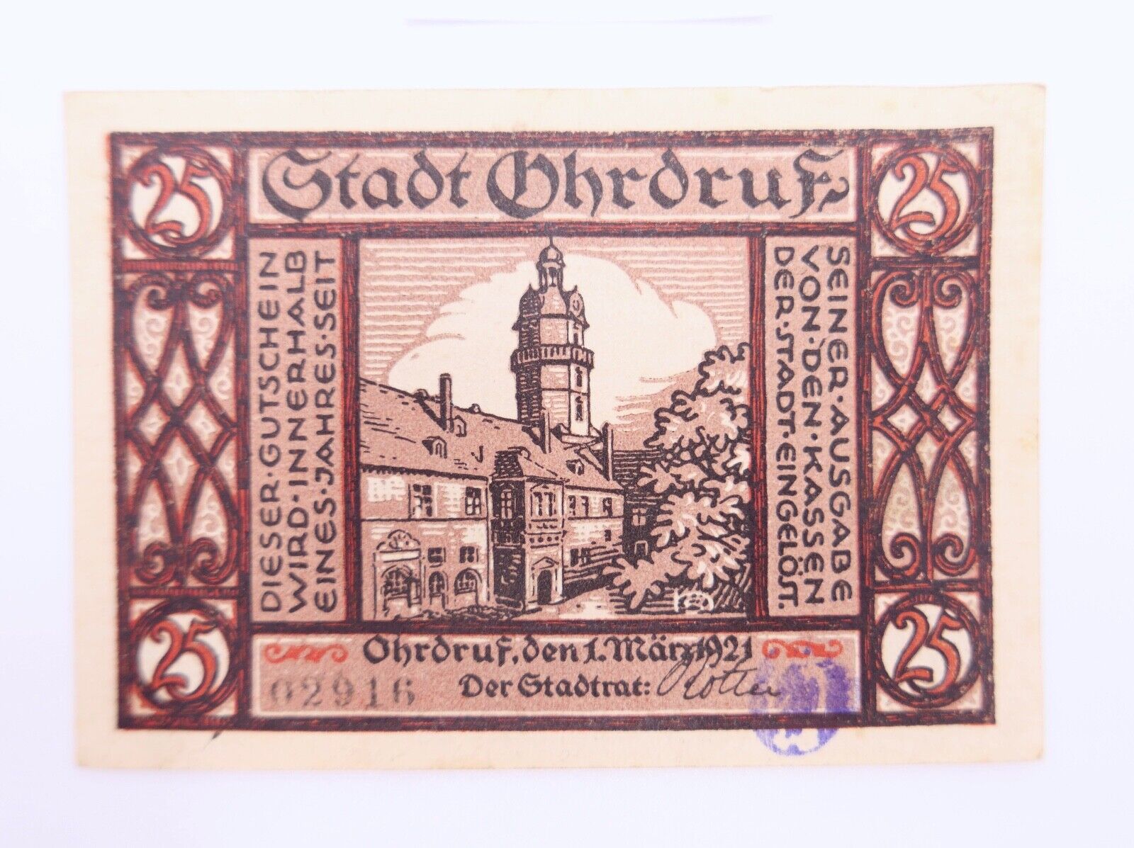 SEHR SELTEN Notgeld der Stadt Ohrdruf 1921 GESTEMPELT 25 Pfennig AU/EF - UNC