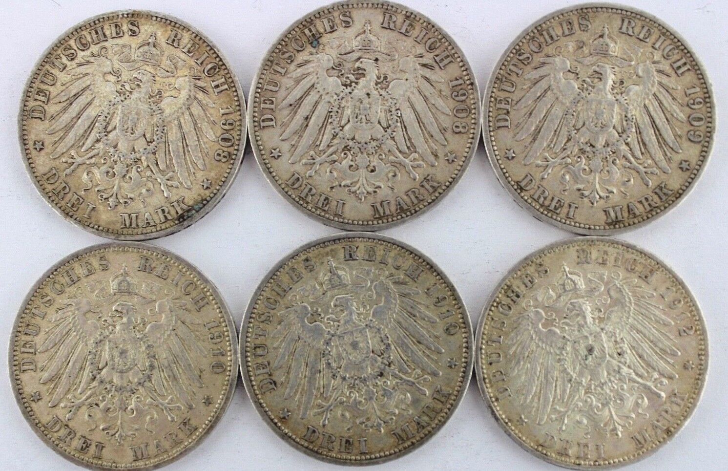 6x 3 Mark  " Wilhelm II " Preußen 1908 1909 1910 1912 A Jäger 103 Silber Münzen 