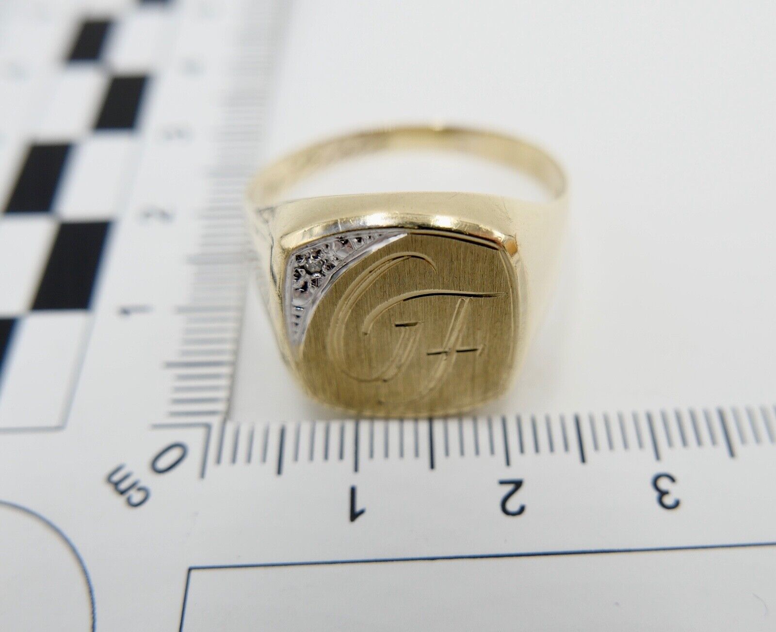 80er Gold Siegelring mit Diamant 333 8K Herrenring Gr. 74 Monogramm Initialen GF