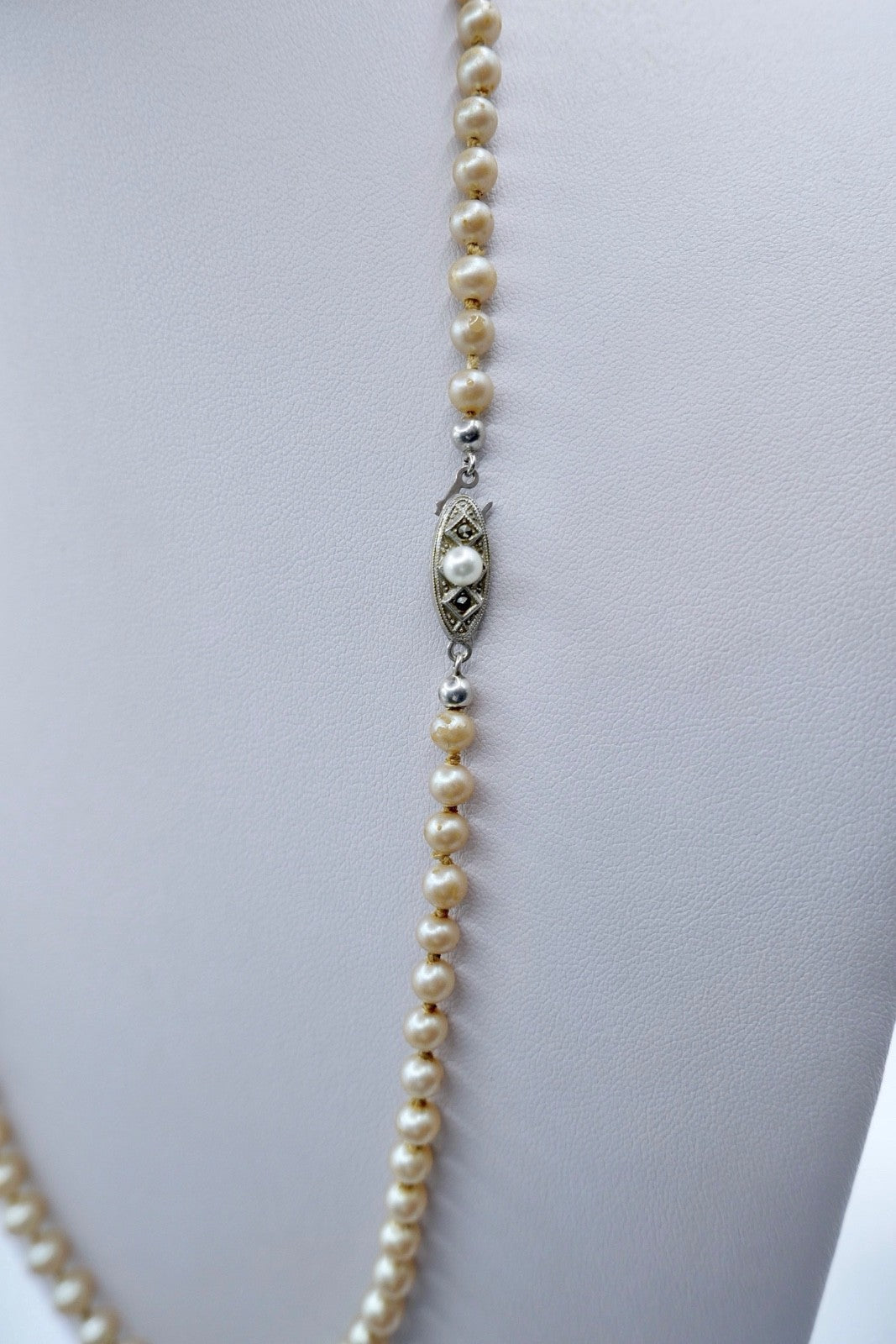 Art Deco Perlenkette mit Markasit Schließe 800 Silber  58 cm JKs