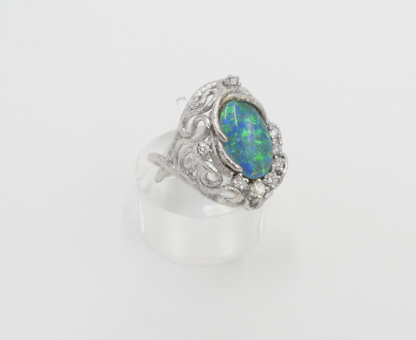 70er Jahre Damenring Brillant Opal Ring Weißgold 585 / 14K Gr. 56