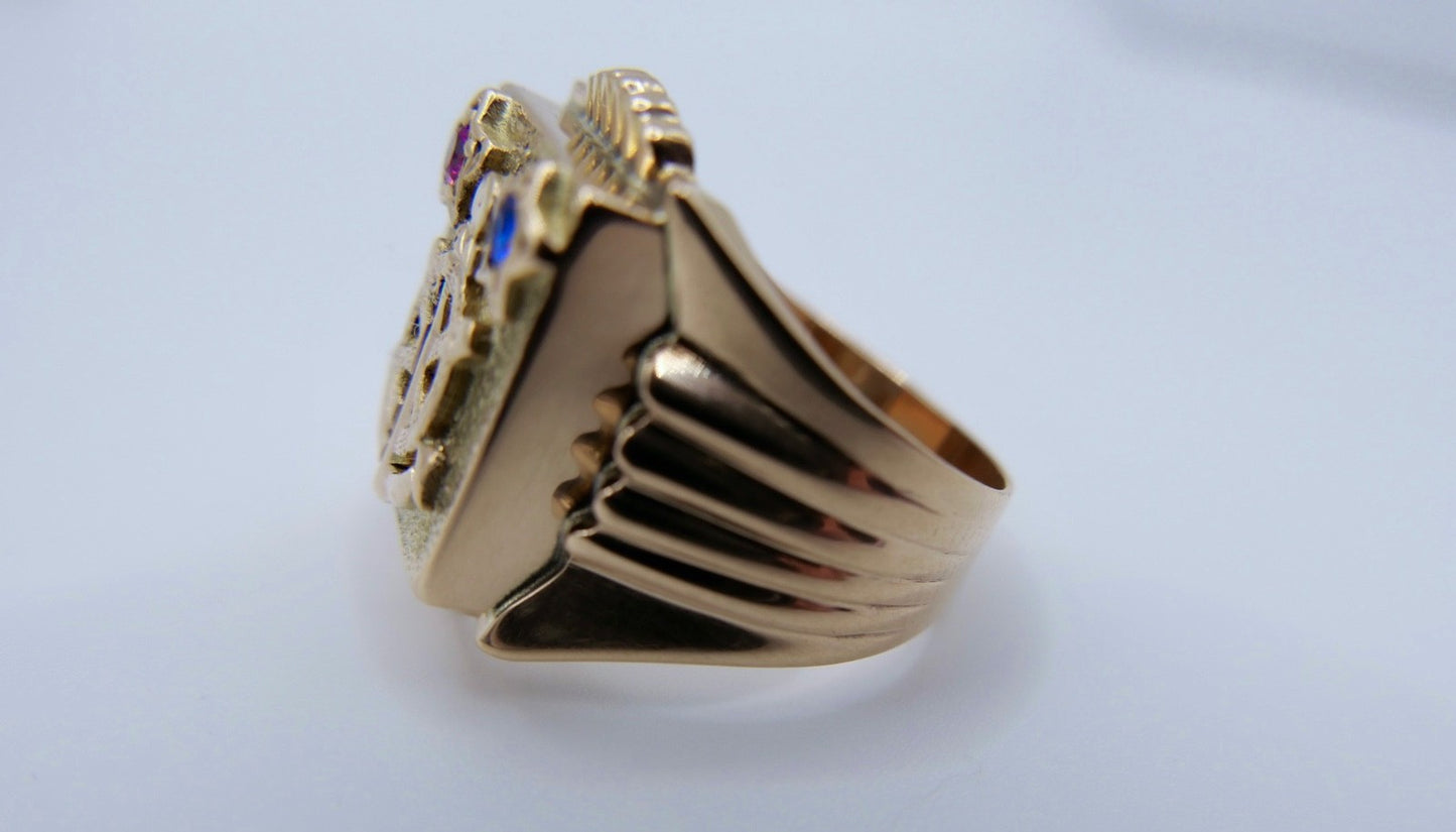 Herrenring 14K Gelbgold Anker Steuerrad Rubin Saphir Nautisch Gr.61 Seefahrt 585