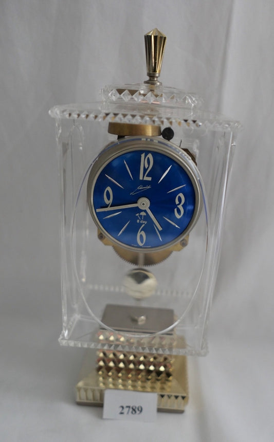 Schmid Schlenker 8 Day Tischuhr im Acrylgehäuse Blaues Zifferblatt West Germany