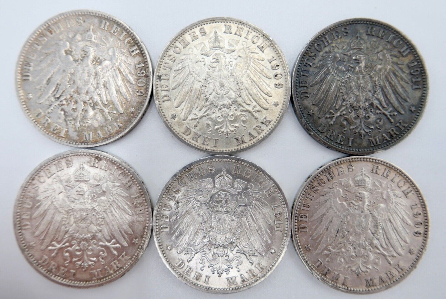  6x 3 Mark 1909 - 1911 Silbermünze Württemberg Wilhelm Jäger 175 & 177a