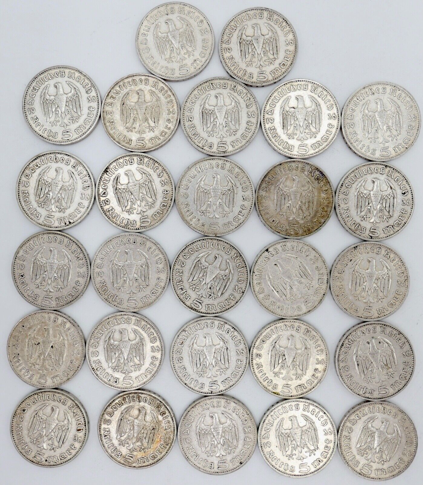 27x 5 Reichsmark 900 Silbermünzen J. 360 Hindenburg 1936 aus Münzrolle