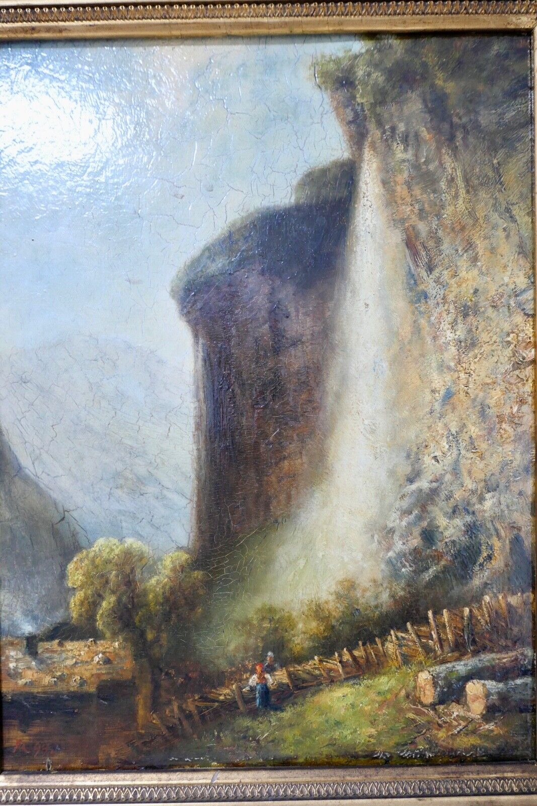 antikes Gemälde Berghütte Landschaft Öl Holz Prunkrahmen 51x42cm signiert R99