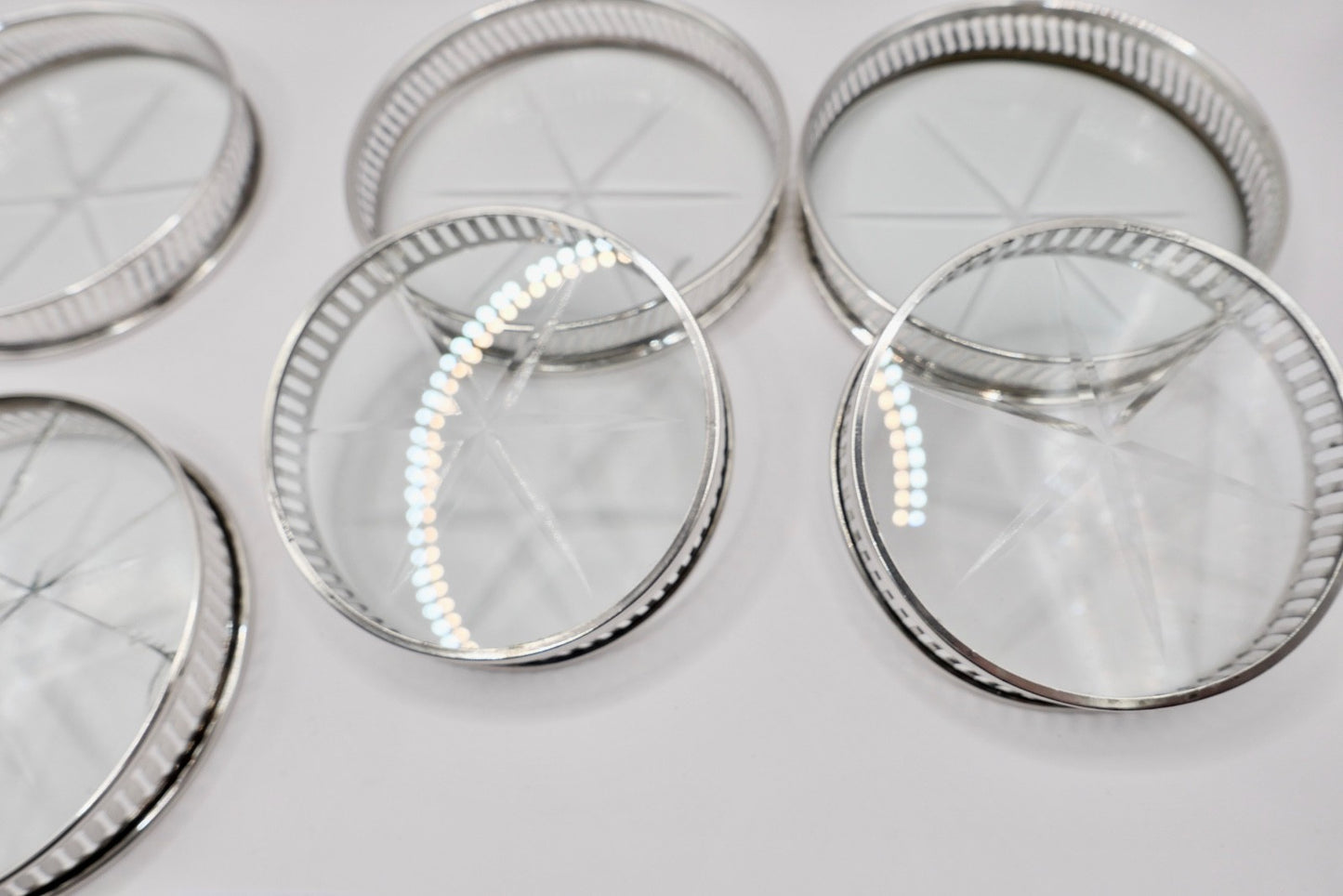 6 Glas Untersetzer Sterling Silber mit Kristall 145B