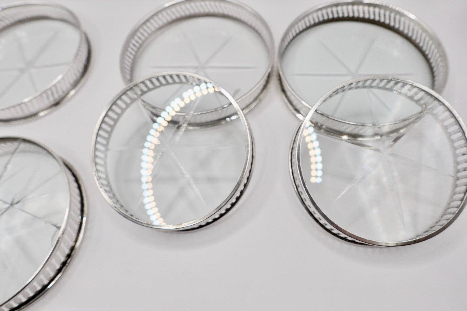 6 Glas Untersetzer Sterling Silber mit Kristall 145B