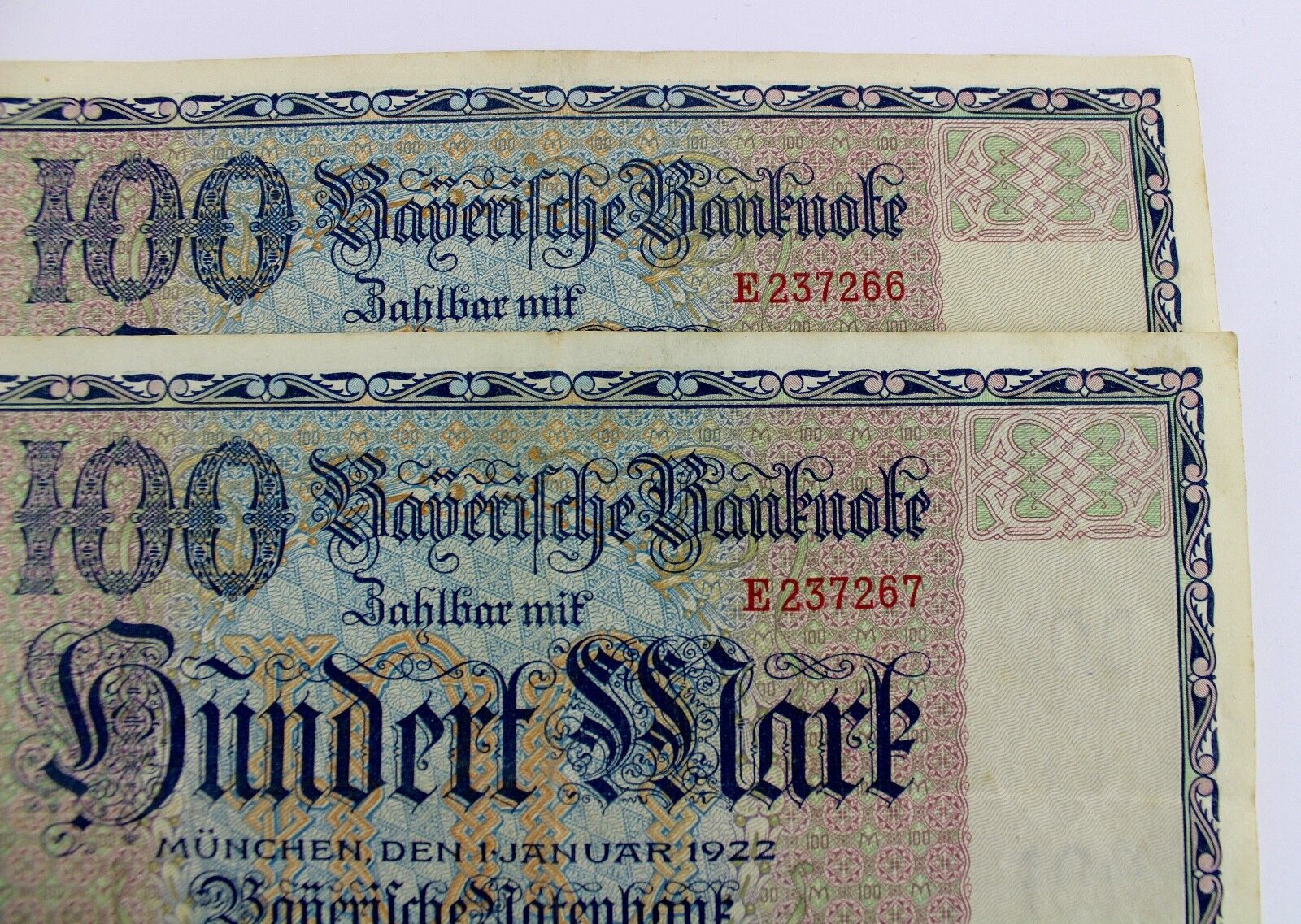  2x BAY 4 Banknote 100 Mark Hundert 1922 München old bill FORTLAUFEND Serien Nr 