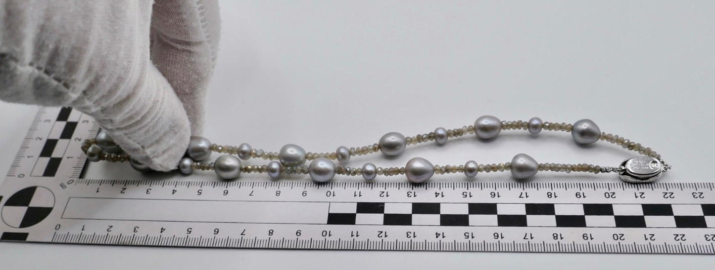 Elegante Labradorit Perlenkette Silber Collier Grau Barockperlen S.S.V. BOTTOM