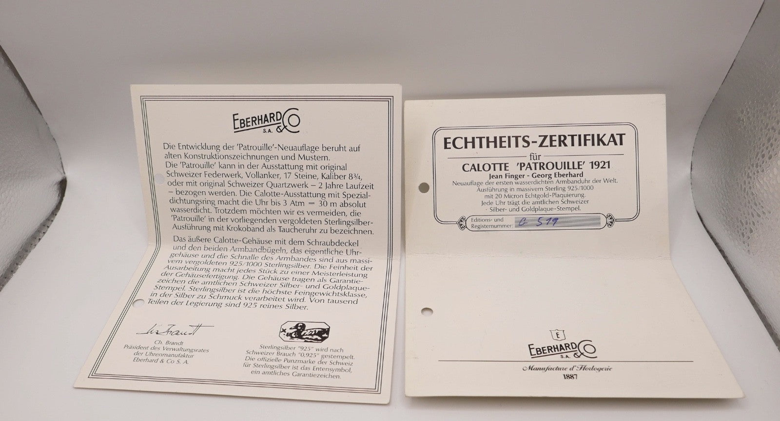 Eberhard Co Patrouille 1921 Calotte 925 Silber vergoldet Jean Finger Dokumente