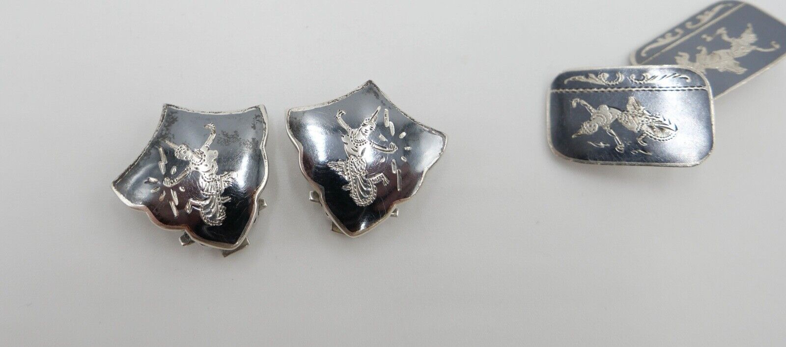 30er 40er Vintage Siam Sterling Silber Dunkelblau Grau Emaille Ohrclips