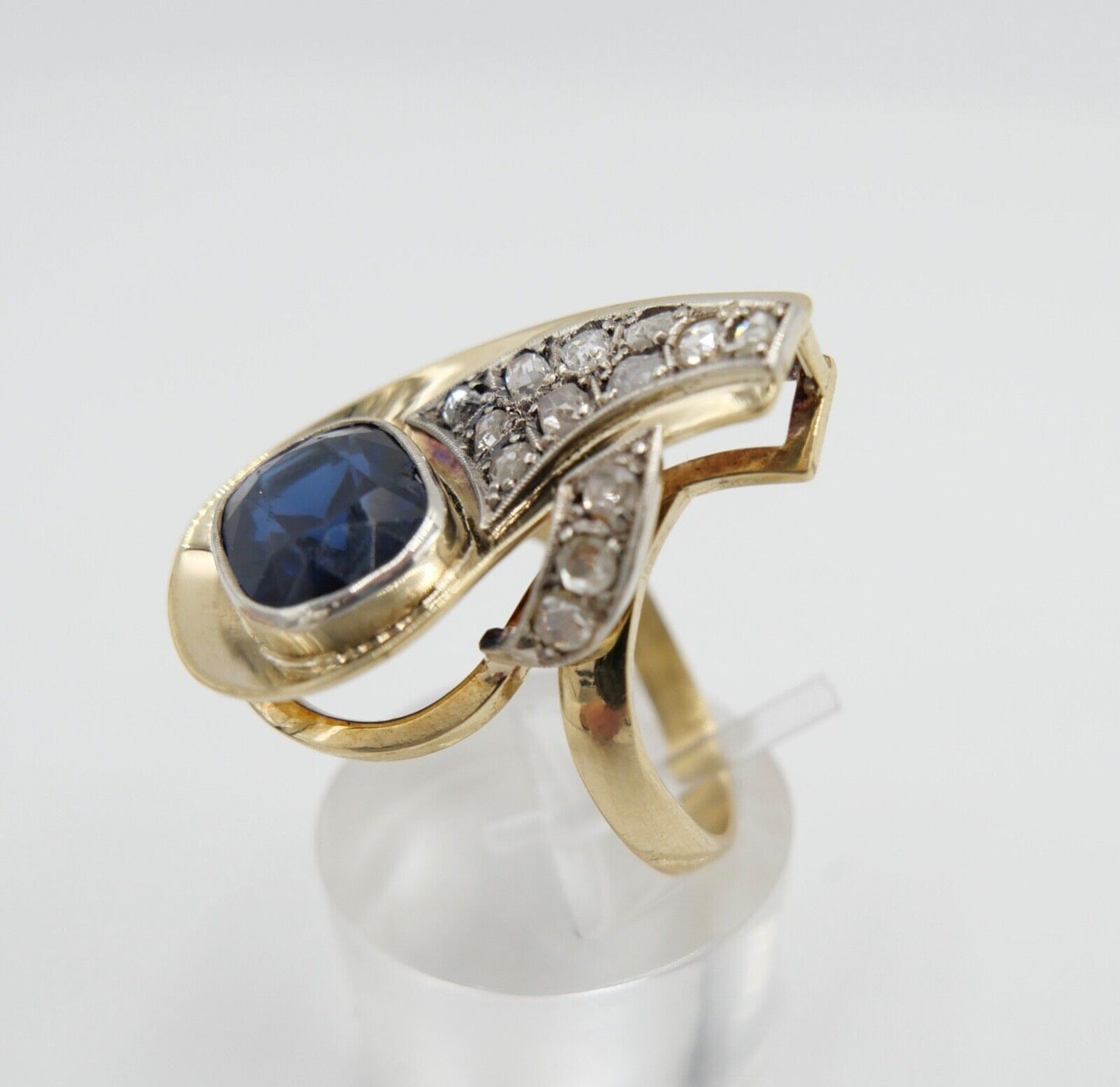 Extravaganter Diamant Damen Gold Ring 585 14K mit blau Stein Gr. 57-58