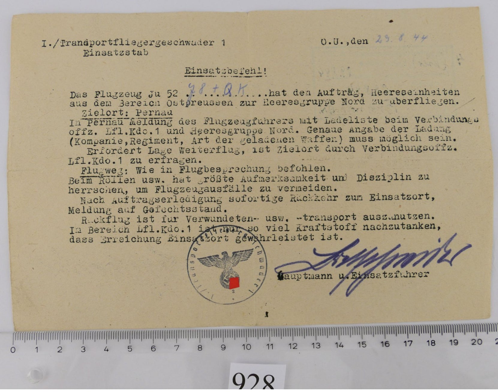 Einsatzbefehl Transportfliegergeschwader 1944 PERNAU - Antikhandel-Stuttgart