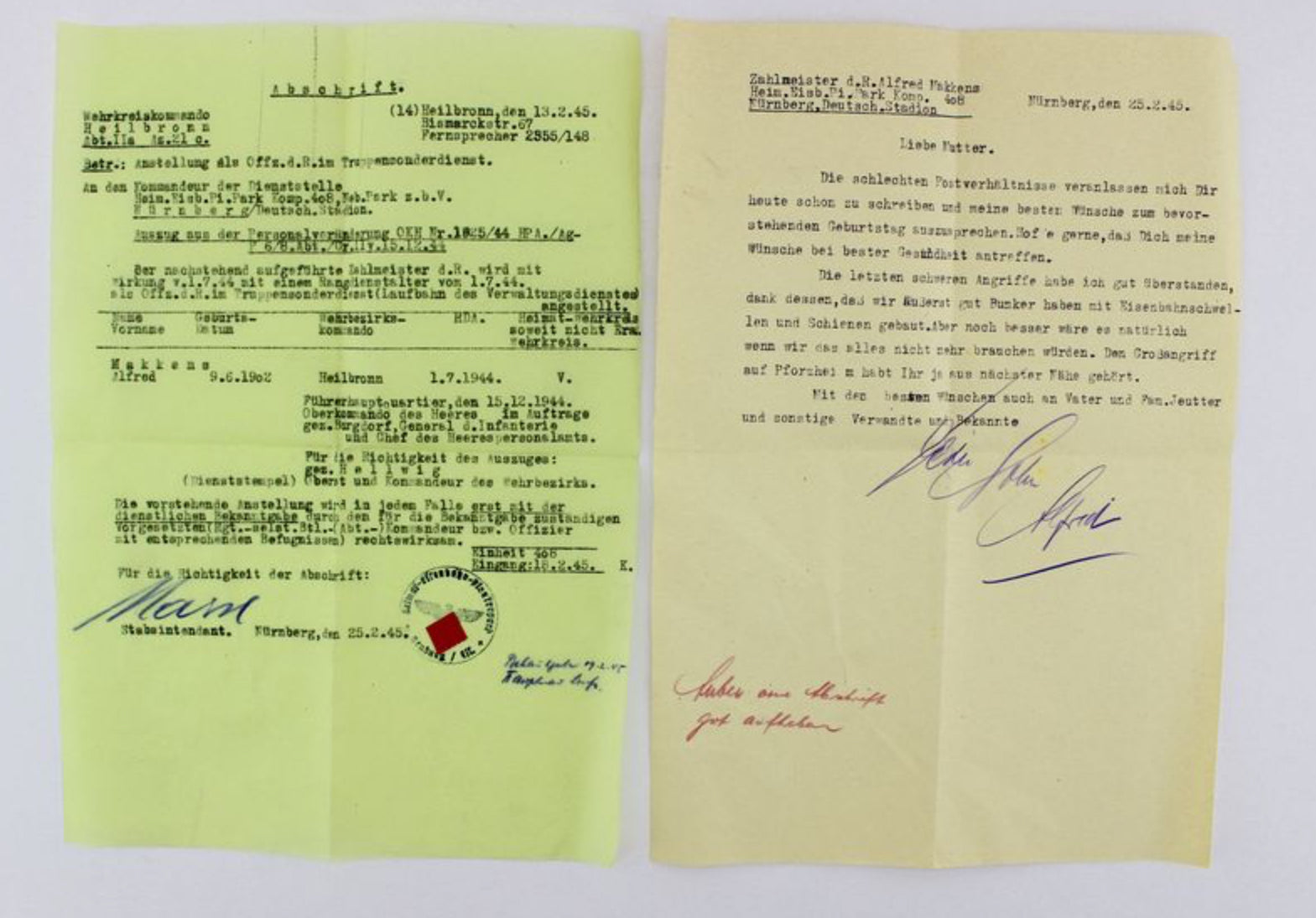 Abschrift & Abschiedsbrief 1945 - Antikhandel-Stuttgart