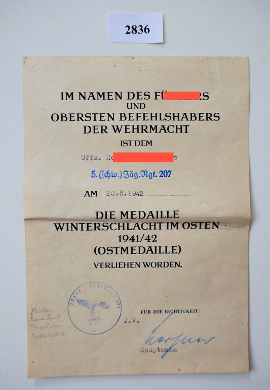 Urkunde Ostmedaille 5. schwere Kompanie  Jäger-Regiment 207 Kaukasus Jäger WW2.