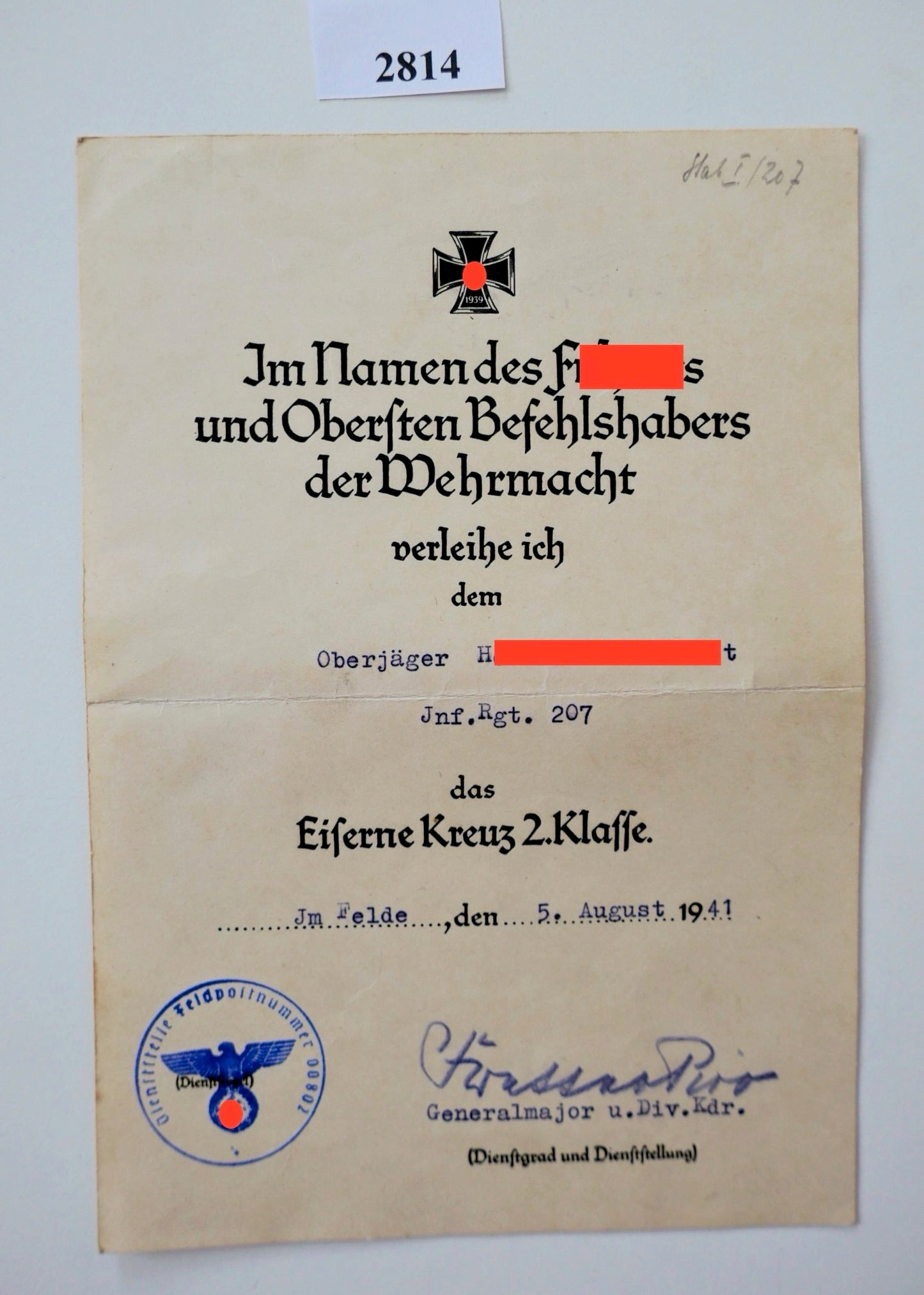 Urkunde Eisernes Kreuz 2. Klasse 1939 Inf.Rgt.207 97. Jäger-Division Pico