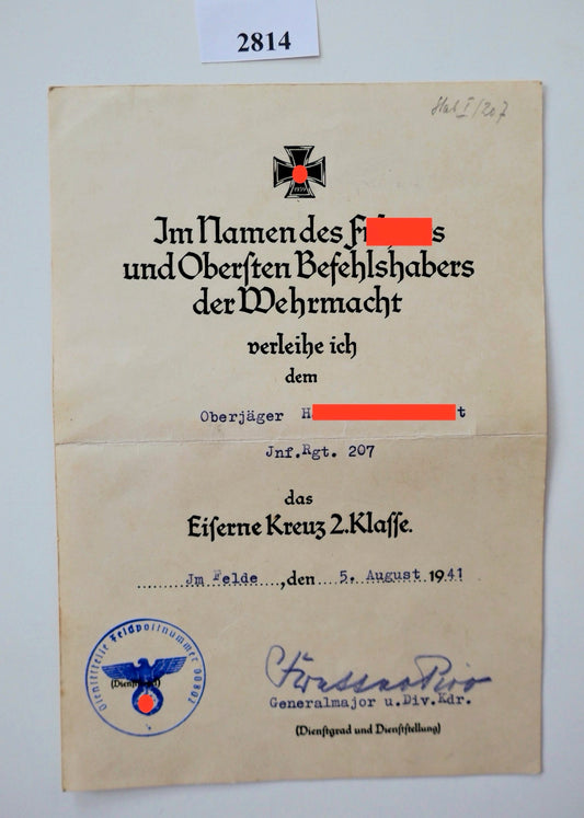 Urkunde Eisernes Kreuz 2. Klasse 1939 Inf.Rgt.207 97. Jäger-Division Pico